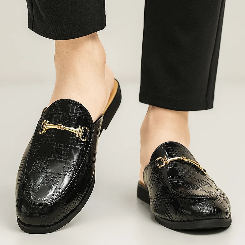 Casual men's half slippers Classic retro flat bottomed style Outdoor Leisure Party And daily life Walking Black leather shoes