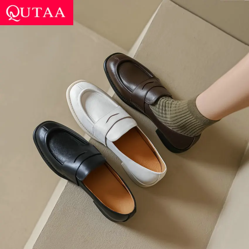 

QUTAA 2023 Classic Women Pumps Thick Heels Genuine Leather Working Casual Platforms Shoes Woman Spring Loafer Retro Size 34-40