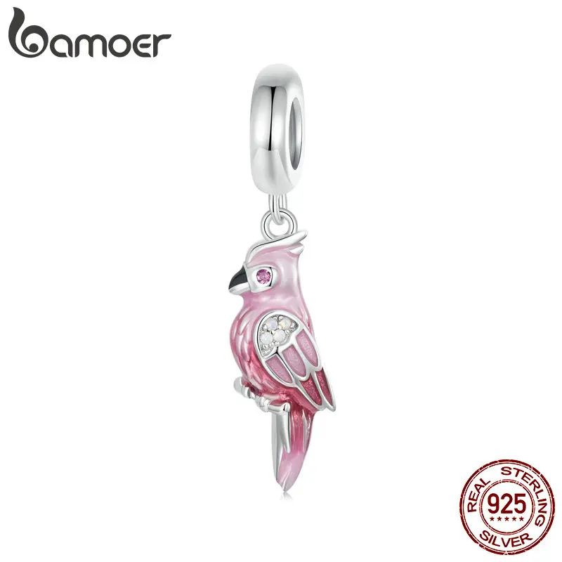

BAMOER, серебро 925 пробы, подвеска с розовым попугаем, очаровательные милые бусы с птицей для женщин, оригинальный браслет и ожерелье, аксессуары для DIY