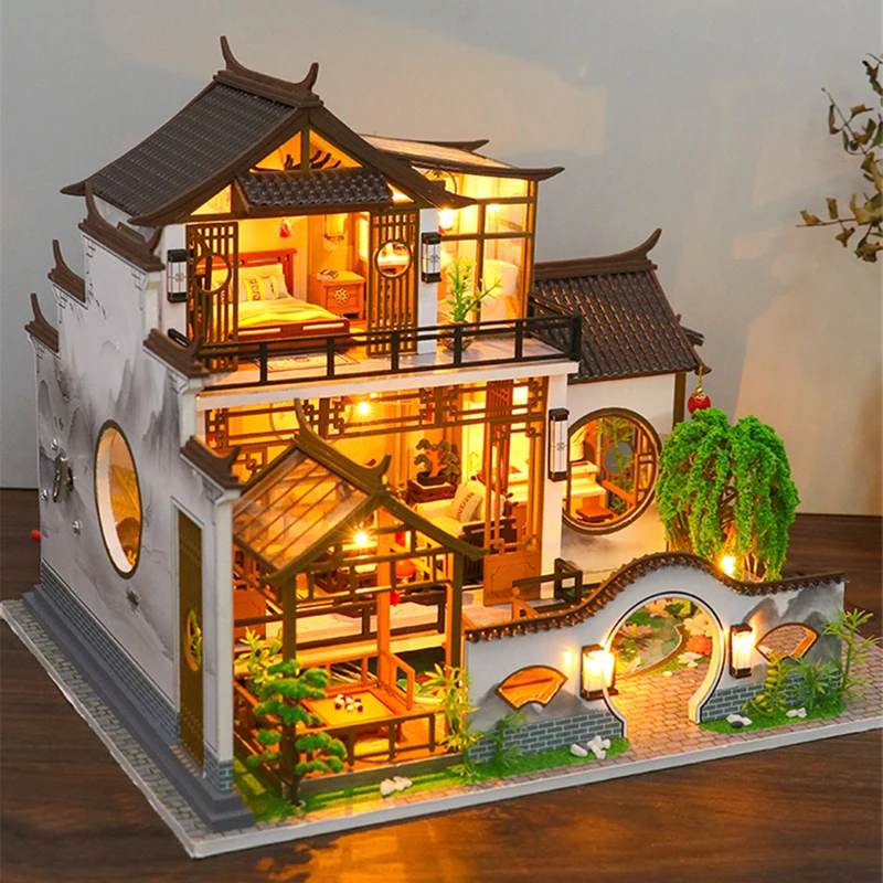 NEW DIY Wooden Doll Houses Japanese Ancient Casa Miniature Building Kits with Furniture Led Dollhouse for Adults Christmas Gifts 4