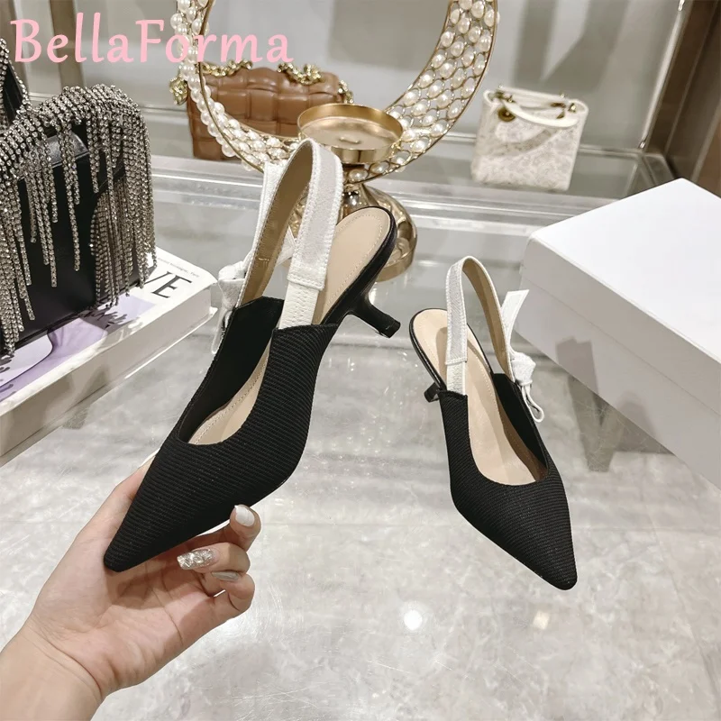 Women's Ribbon Pointed High Heels Striped Fabric Sheepskin Elegant Mature Sexy Banquet Wedding Festival Dress Slingback Sandals