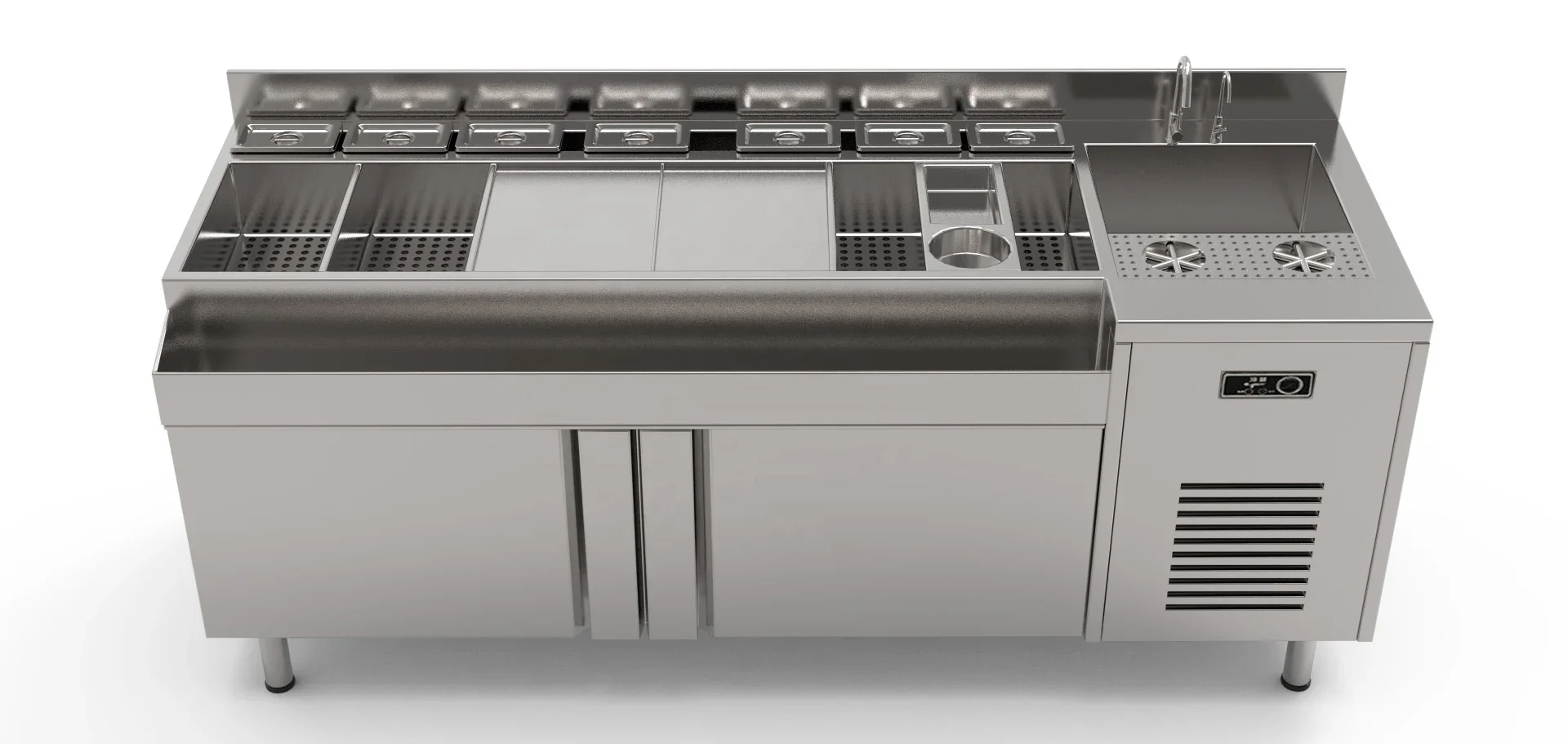 Newest Design Station Mobile Bar Equipment Stainless Steel Cocktail Bar Station Ice Trough Sink Function Bartender Work Counter