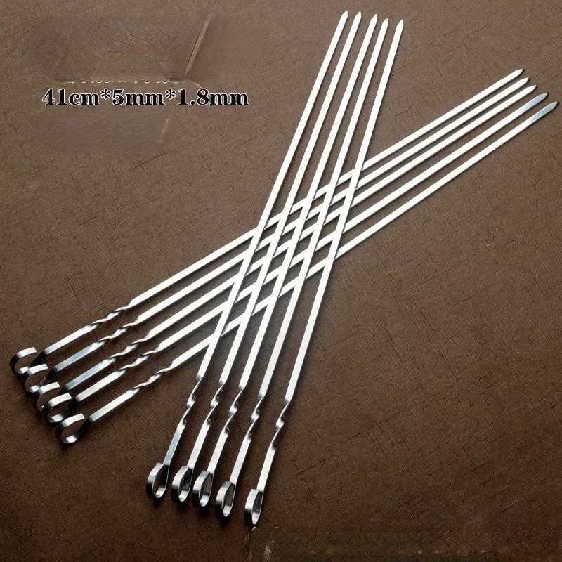 10pcs/set Stainless steel 430 BBQ stick thickened 41cm household mutton skewers iron drill BBQ stick tool stick.