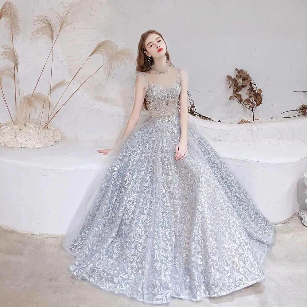 

Elegant Gray Tulle Evening Dresses For Women 2023 A Line Luxury Dubai Illusion Sequined Beading Arabic Vestido Formal Party Gown