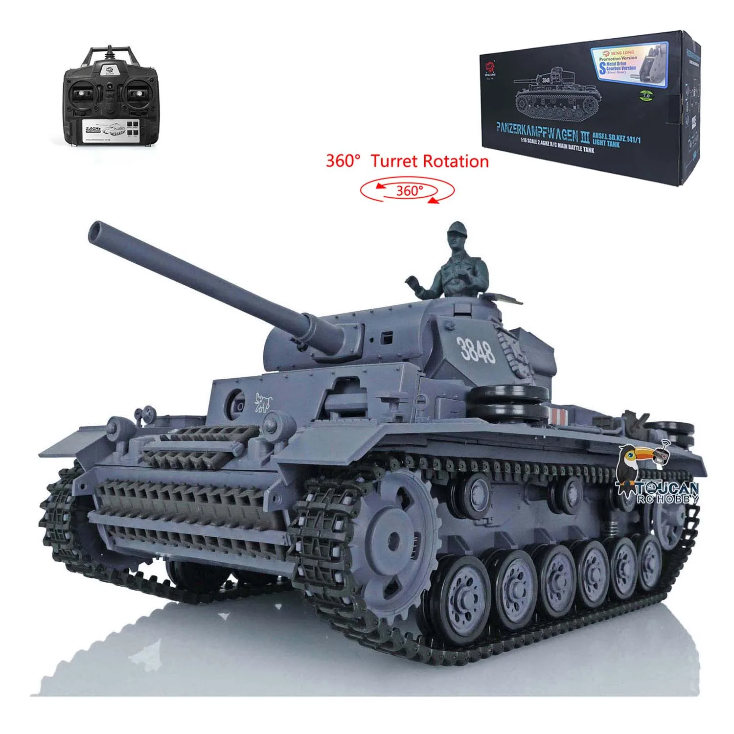 2.4G HENG LONG 1/16 7.0 Plastic German Panzer III L RTR Radio Control Model Army RC Tank 3848 360° Turret BB Pellet TH17340-SMT4 3