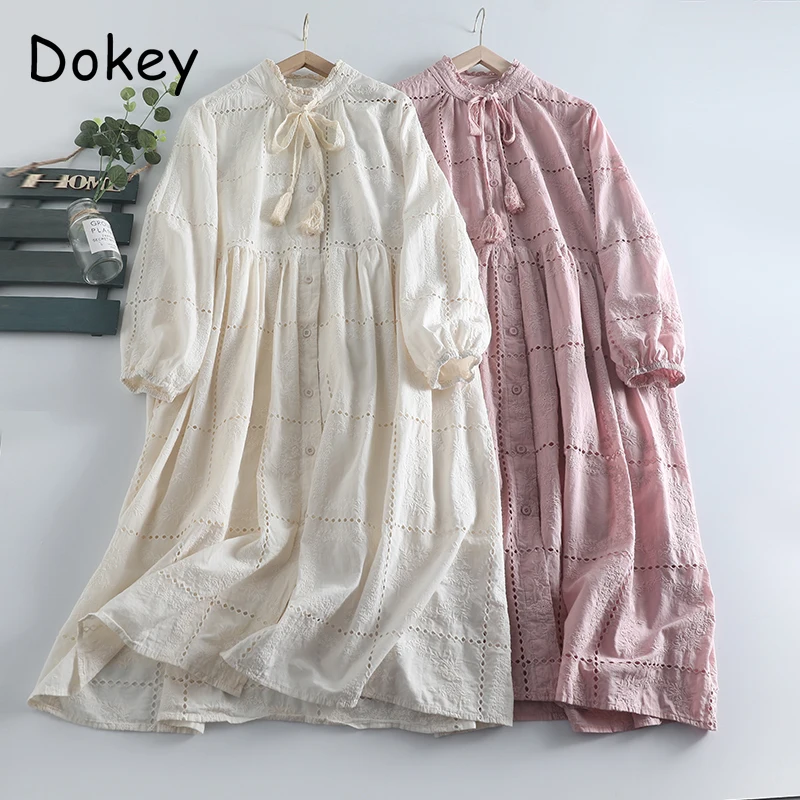 

Vintage Embroidery Hollow Out White Dress Women Mori Girl Lace-up Cotton Linen Dress Spring Casual Long Sleeve Lolita Vestidos