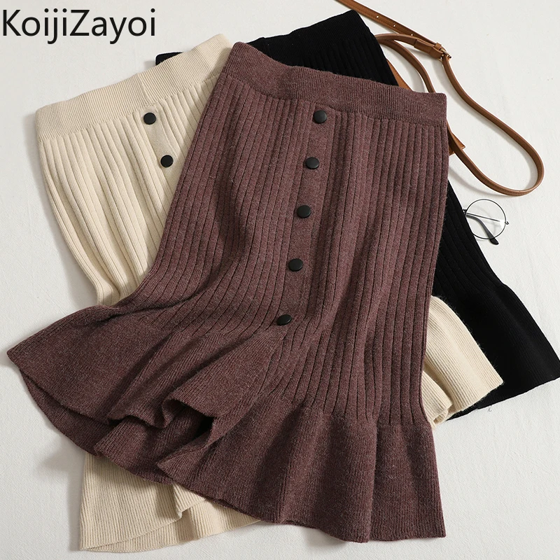 

Koijizayoi Knitted Women Ruffled Midi Skirt Office Lady Fashion Autumn Winter Fashion Button Skirts High Waist Solid Loose Falda