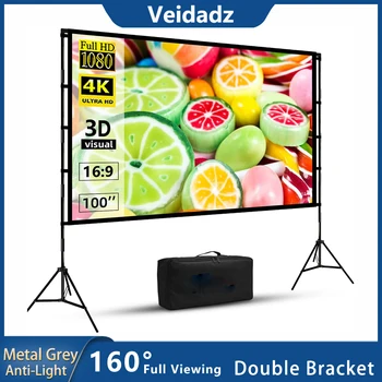 VEIDADZ 프로젝터 스크린 및 스탠드 금속 텔레스코픽 튜브, 캐리 백 그레이 그리드, 안티 라이트 16:9 100 120 인치, 홈 시어터 야외용