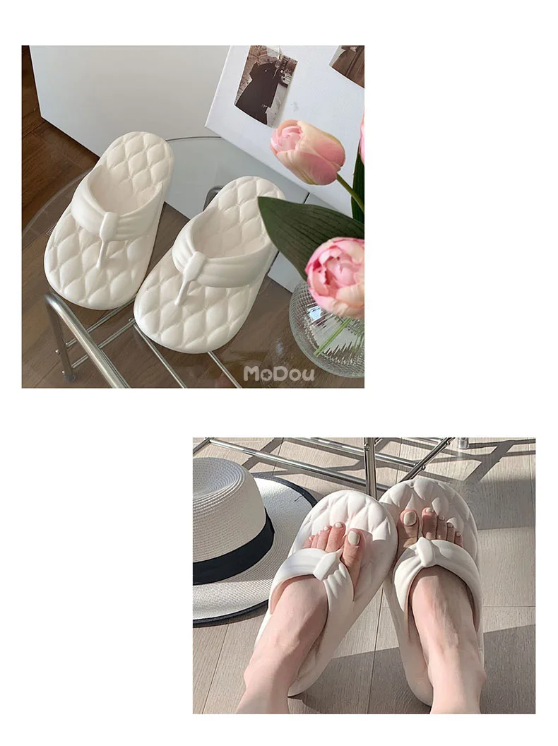 Mo Dou Summer Fashion Wear-resistant Beach Slippers Non Slip Soft EVA Thick Sole Solid Color Women Flip Flops Girls Student Indoor Slippers luxury