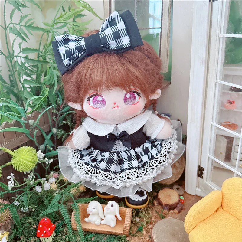 2Pcs Lolita Black Princess Dress Suit Plush Cotton Doll DIY Clothes Accessory 20cm Kawaii Soft Stuffed Idol Dolls Toys for Kids