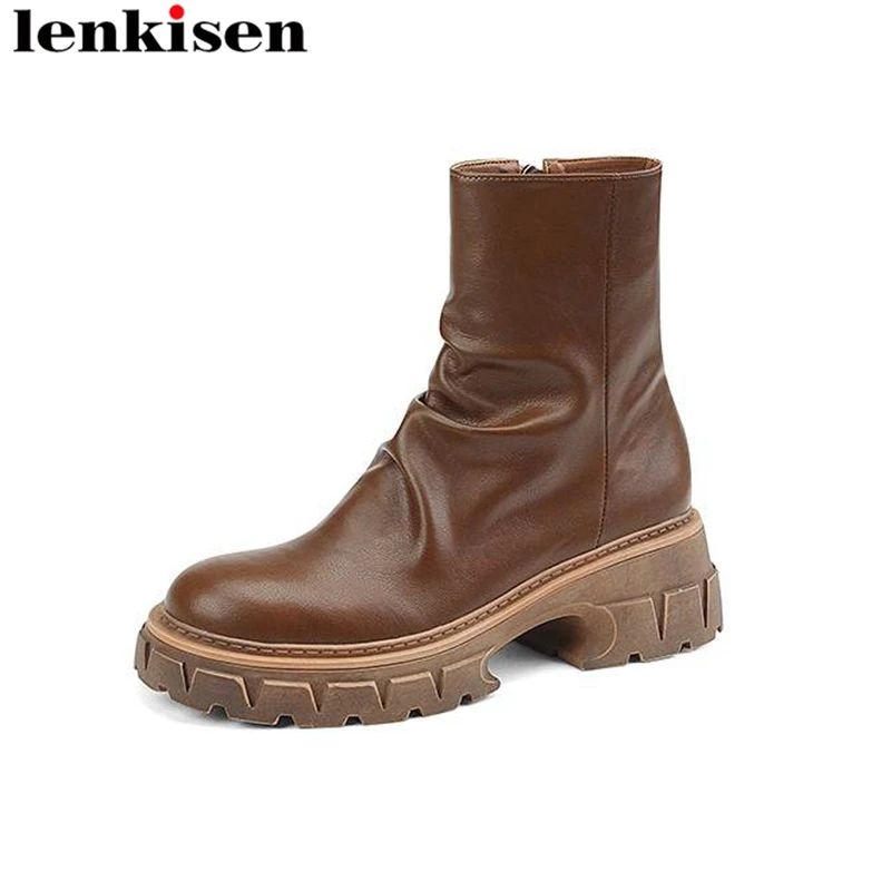 

Lenkisen Cow Leather Brand Thick Heels Round Toe Winter Warm Western Boots Vintage Platform Pleated Vacation Casual Ankle Boots