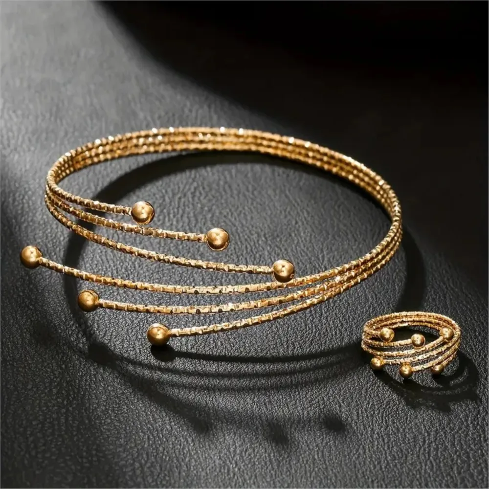 2pcs Golden Tone Arm Cuff + Ring Jewelry Sets for Women Multi Layered Temperament Bnagle Perfect Gift for Friends and Girlfriend