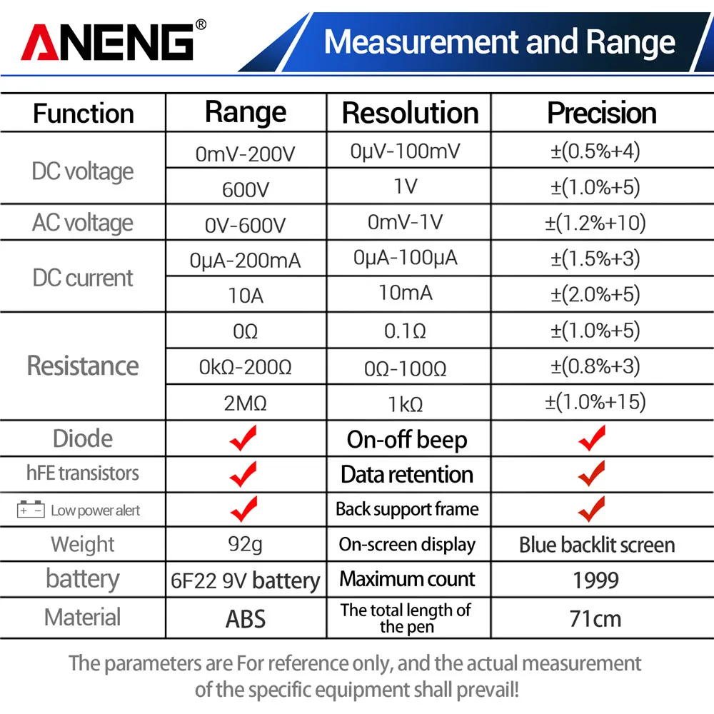 ANENG XL830L Multimètre Numérique LCD - Testeur Tension AC/DC