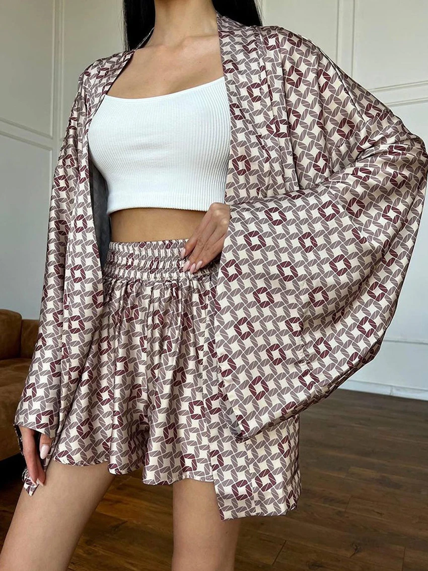 Marthaqiqi Printing Women Sleepwear Set Sexy V-Neck Nightwear Long Sleeve Robe Lace Up Pajamas Shorts New Femme Nightgowns Suits