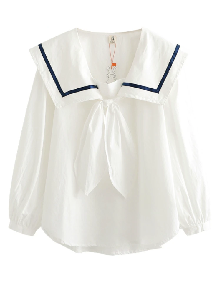 High Quality 100% Cotton White Blouse Preppy Style JK Shirt Women Summer  Vintage Long Sleeve Sailor Collar Girls Big Bow Tie Top - AliExpress