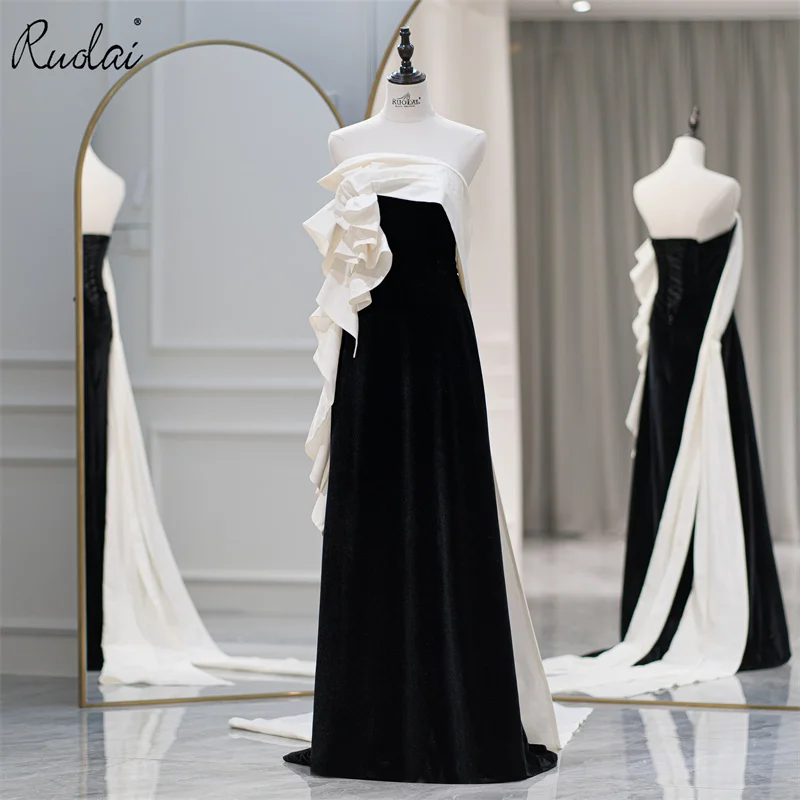 

Ruolai New Arrivals Strapless Evening Dresses Straight Designer Design Black with Ribbon Party Gown for Women LDB0007