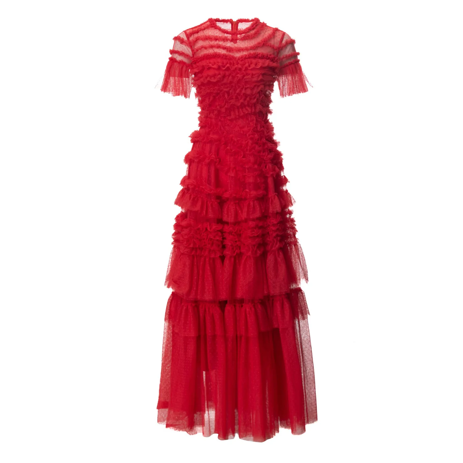 

Женское плиссированное платье, Сетчатое красное платье с воротником-стойкой и коротким рукавом, в европейском и американском стиле, XXL, лето 2024