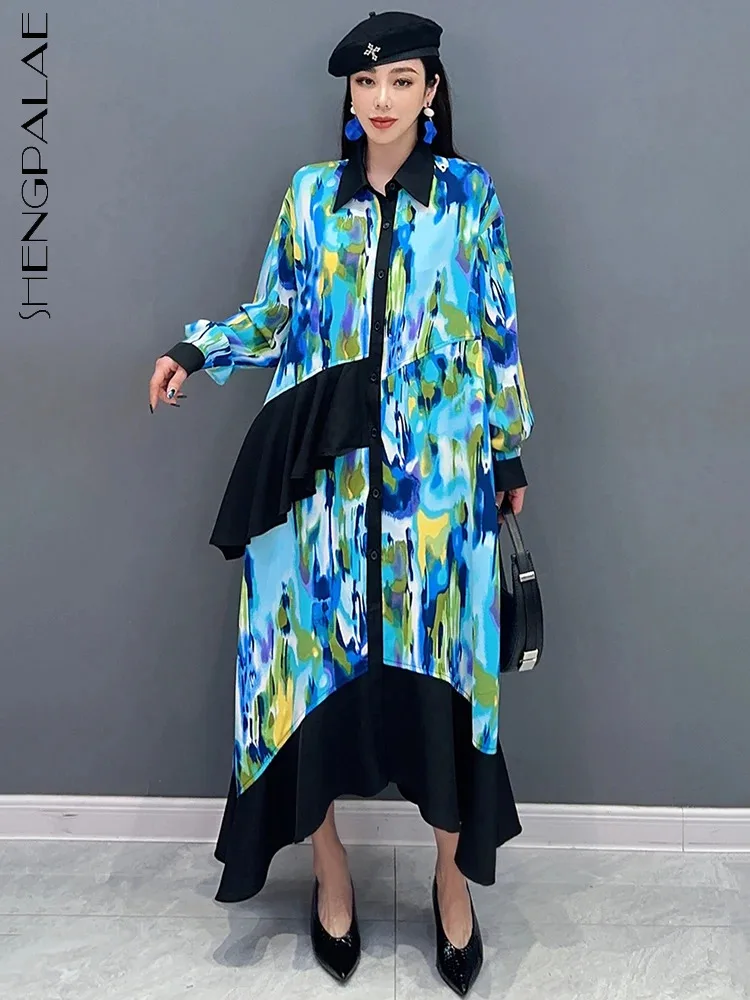 

SHENGPALAE Fashion Printed Shirt Dress For Women Irregular Patchwork Contrast Color Lapel Loose Vestido Spring 2024 New 5R9285