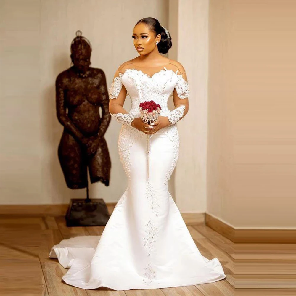Mermaid Wedding Dresses With Sheer Neck Illusion Long Sleeves Bridal Gowns Lace Appliques Pearls Vestido De Noiva Robe 2023 فستا 2
