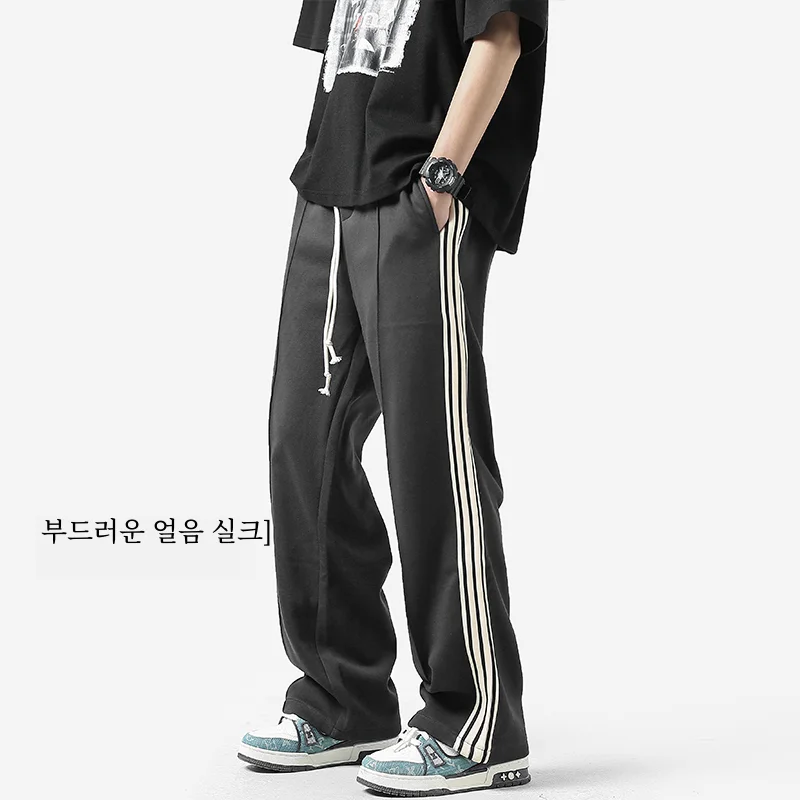 아이스 실크 부드러운 스트라이프 바지 남성 여름 얇은 시원한 느낌 캐주얼 바지 미국 느슨한 스트레이트 와이드 다리 스웨트 팬츠