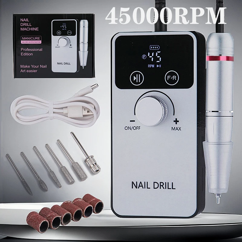 New 45000RPM Professional Electric Nail Drill Machine Rechargeable Nail File Nails Accessories Gel Nail Polish Sander Low Noise