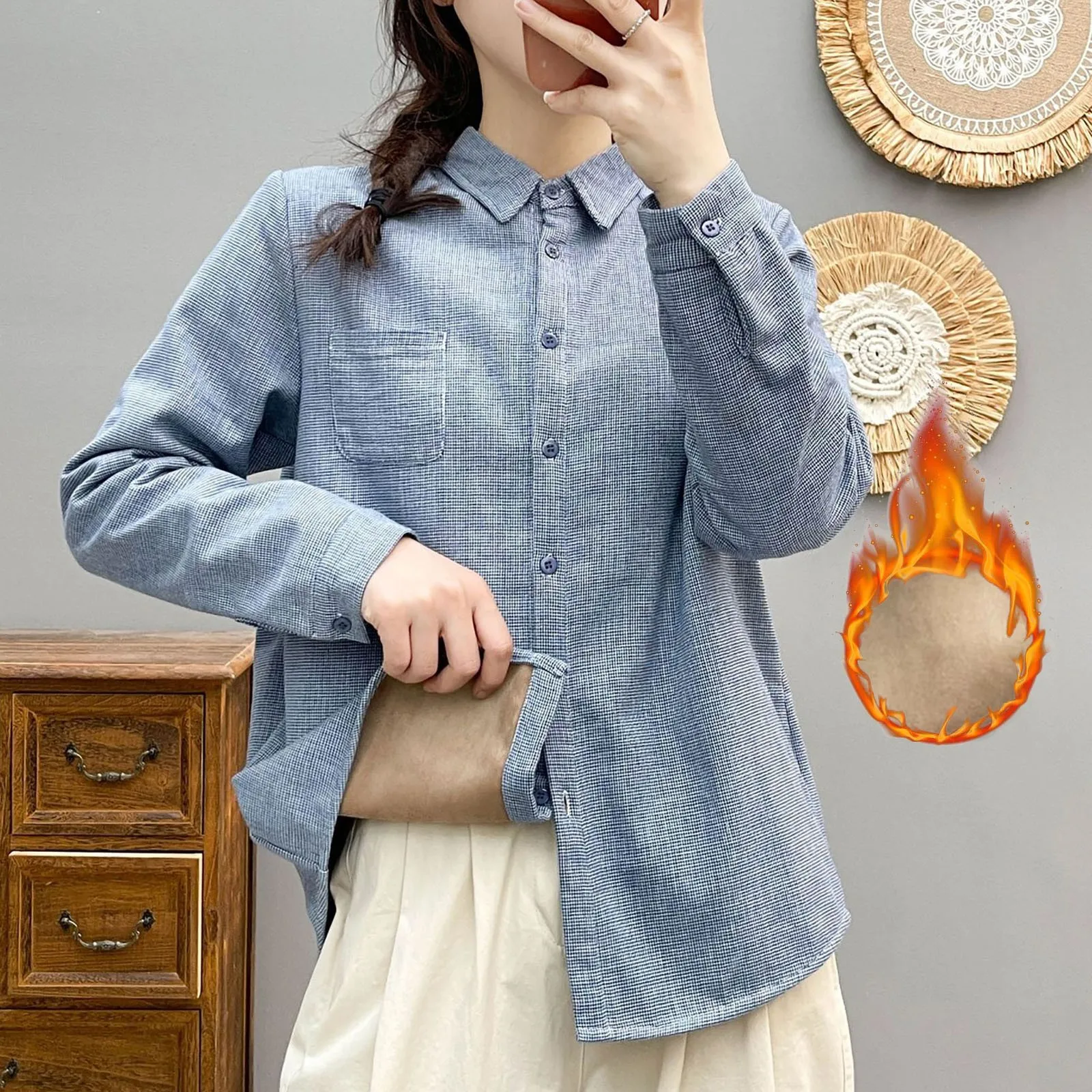 

Women's Fashionable Solid Color Casual Simplicity Button Shirts Turndown Collar Pokcet Single Breasted Long Sleeved Shirt Blouse