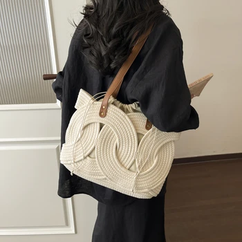 Borsa Tote Estiva in Paglia Tinta Unita per Donna, Grande Capacità, Borsa a Spalla Intrecciata da Spiaggia, per Vacanze, Viaggi, Lavoro, Casual