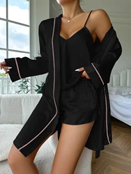 Elegant Satin Sleepwear Set: Long Sleeve Robe, V-Neck Cami, and Shorts - S (Black)