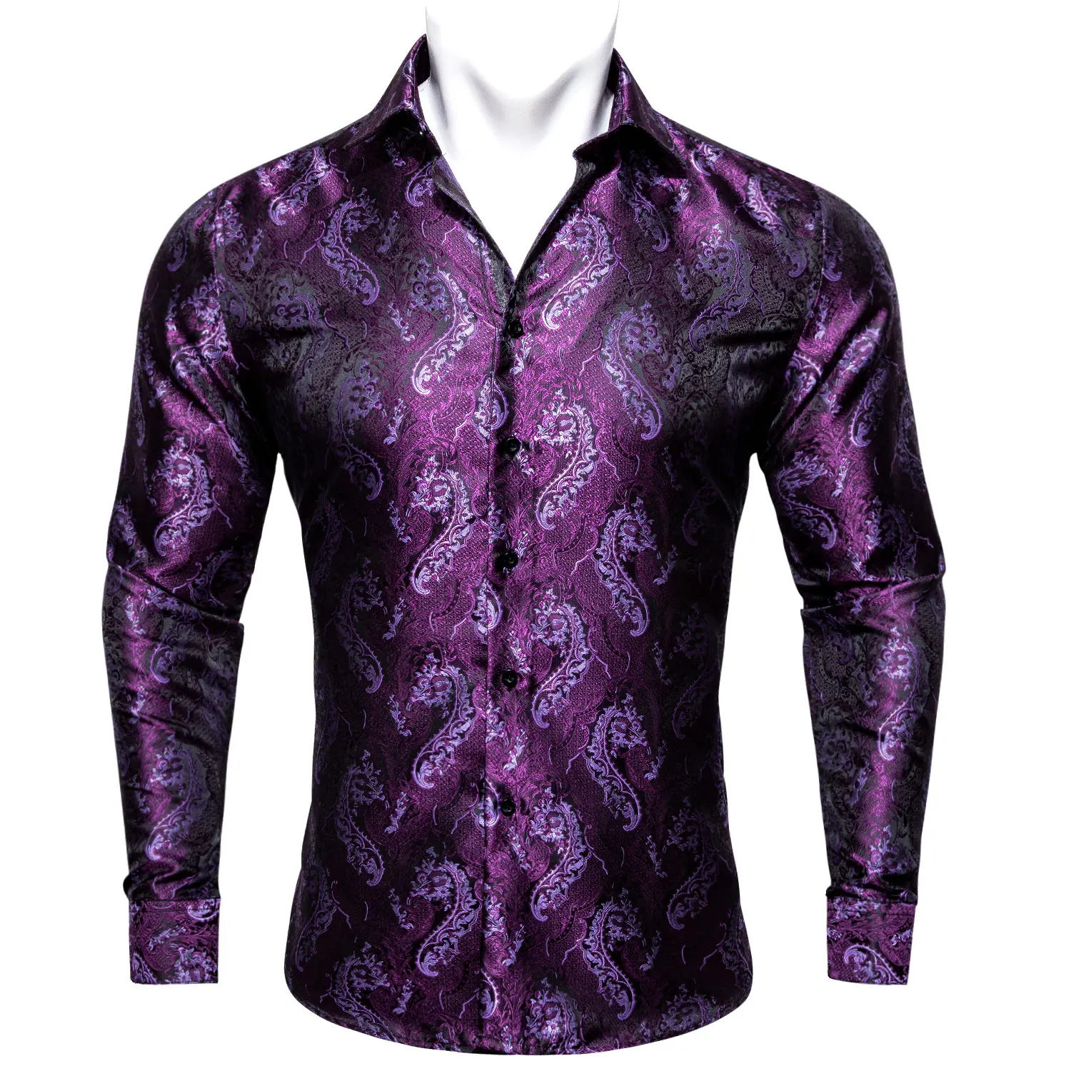 

Barry.Wang Luxury Purple Embroidered Men Shirt Paisley Silk Turn-down Collar Long Sleeve Designer Fit Business Party CY-0411