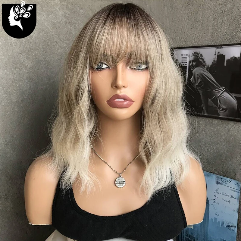 Short Ombre Blonde Medium Wigs With Bangs Synthetic Wavy Bob Wig For Women Natural Wavy Heat Resistant Fiber Hair Cosplay Wigs