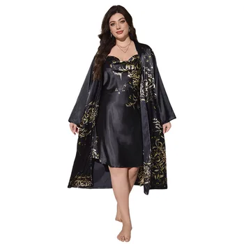 2 قطعة جديد طويل المرأة بيجامة مجموعات تقليد الحرير النوم و رداء مثير رقيقة الإناث صالة الصيف التبريد رداء حجم كبير XL-5XL 5