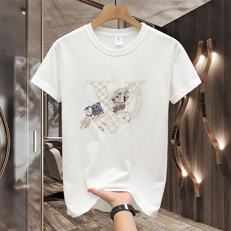 

Men's Summer White Versatile Lightweight High-end Printed Stretch Luxurious Top Affordable Fashion Casual Short Sleeve T-Shirt
