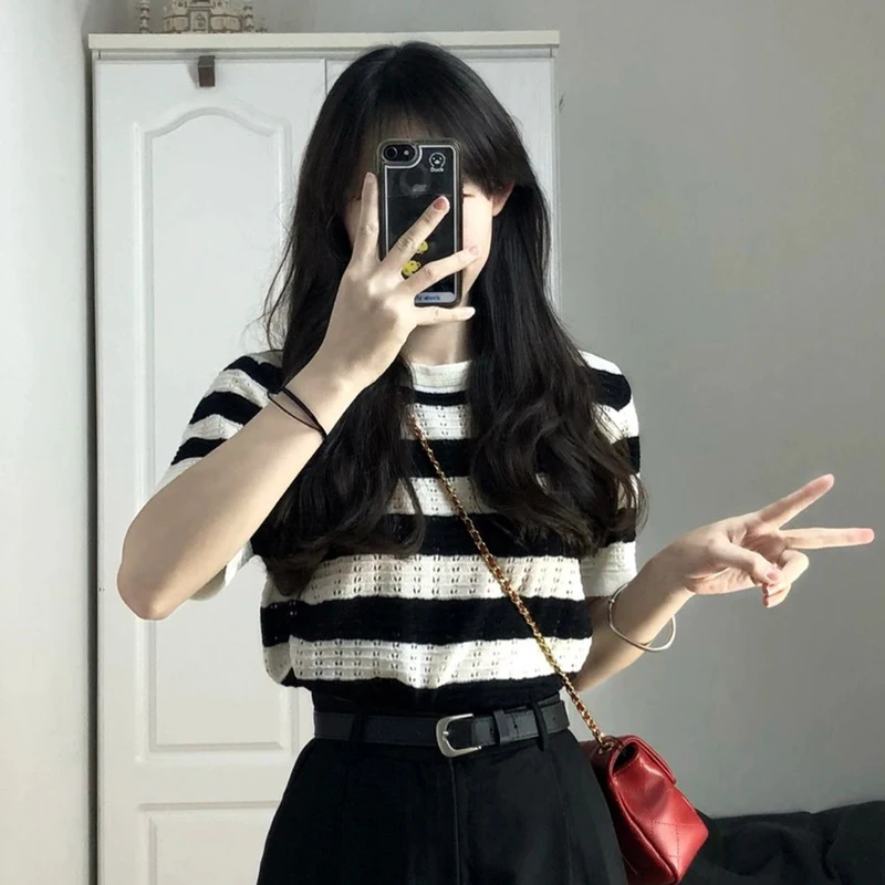 Women Short Sleeve Striped Knitted Top Casual Blouse