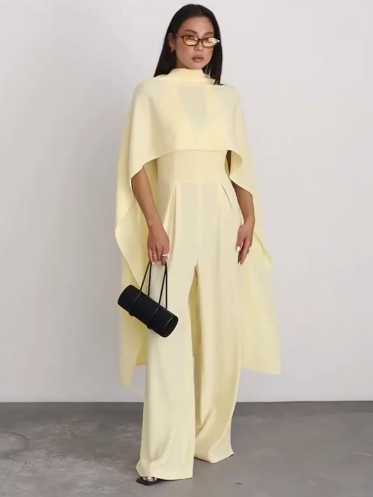 Woman High-Neck Cape Overlay Jumpsuit Set Elegant Loose Wide-Leg