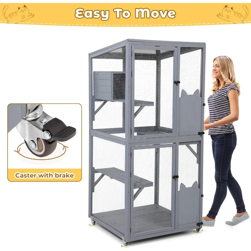 Outdoor Cat Enclosure Window Access, Outdoor Cat House with Wheels, Cage for Cats Indoor