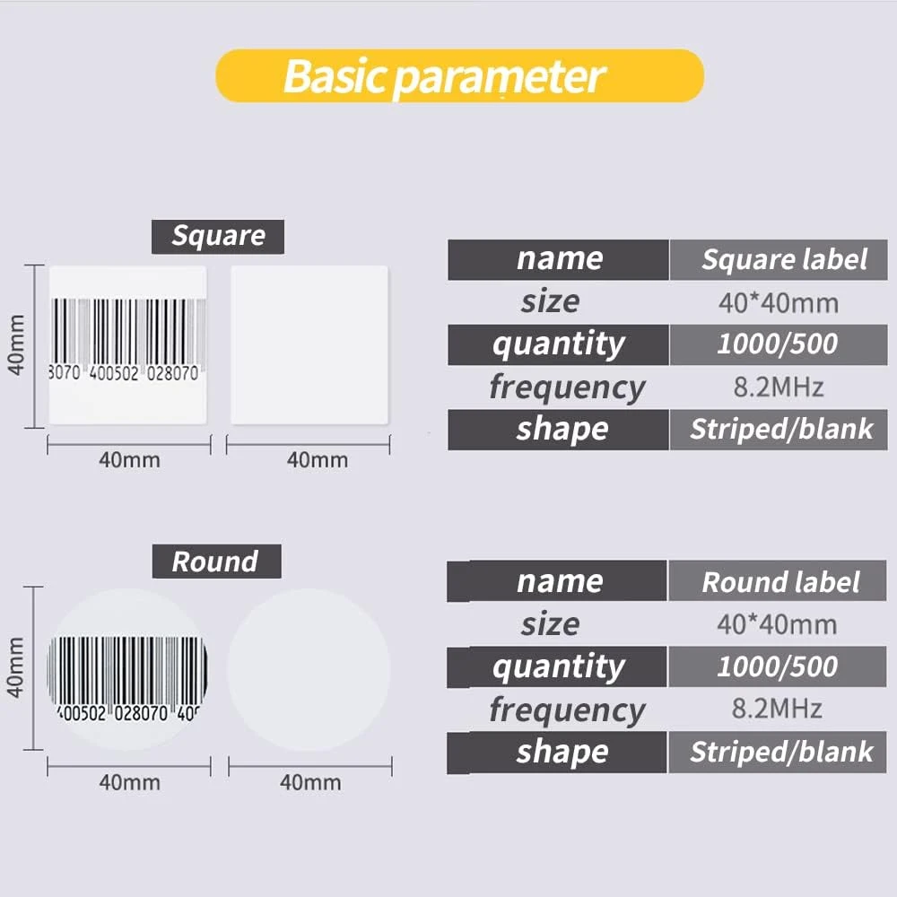 Security Tag Accessory 1000PCS RF 8.2Mhz Security Labels Sticker Square 1.5 X 1.5 Inch Barcode EAS Checkpoint Compatible EAS Loss Prevention