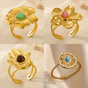 Vintage Fatima Hand Palm Rings for Women Stainless Steel Gold Color Double Layer Flower Ring Fashion Wedding Waterproof Jewelry
