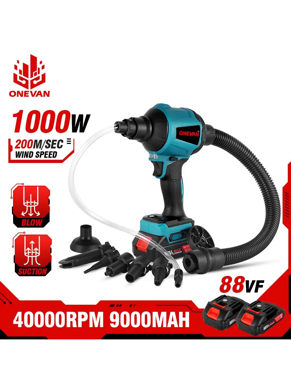 ONEVAN 무선 송풍기, 마키타 18V 배터리용, 진공 기능 포함, 진공 청정 공기 송풍, 88VF, 1000W, 40000RPM ONEVAN 무선 송풍기, 마키타 18V 배터리용, 진공 기능 포함, 진공 청정 공기 송풍, 88VF, 1000W, 40000RPM