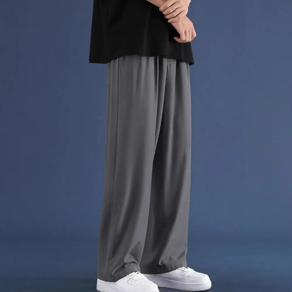 Men Loose Pants Japanese Style Men's Ice Silk Wide Leg Sweatpants with Side Pockets for Gym Training Jogging Elastic Waist Solid