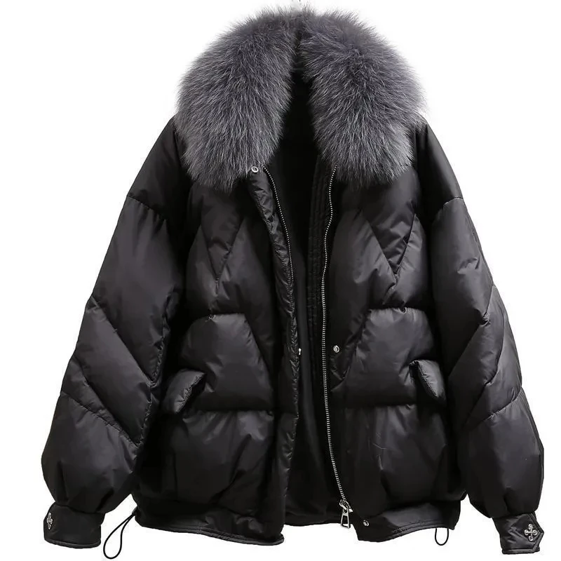 

Винтажное женское пальто с большим меховым воротником, новинка зимы 2024, парки, Корейская свободная модная теплая куртка с хлопковой подкладкой, верхняя одежда