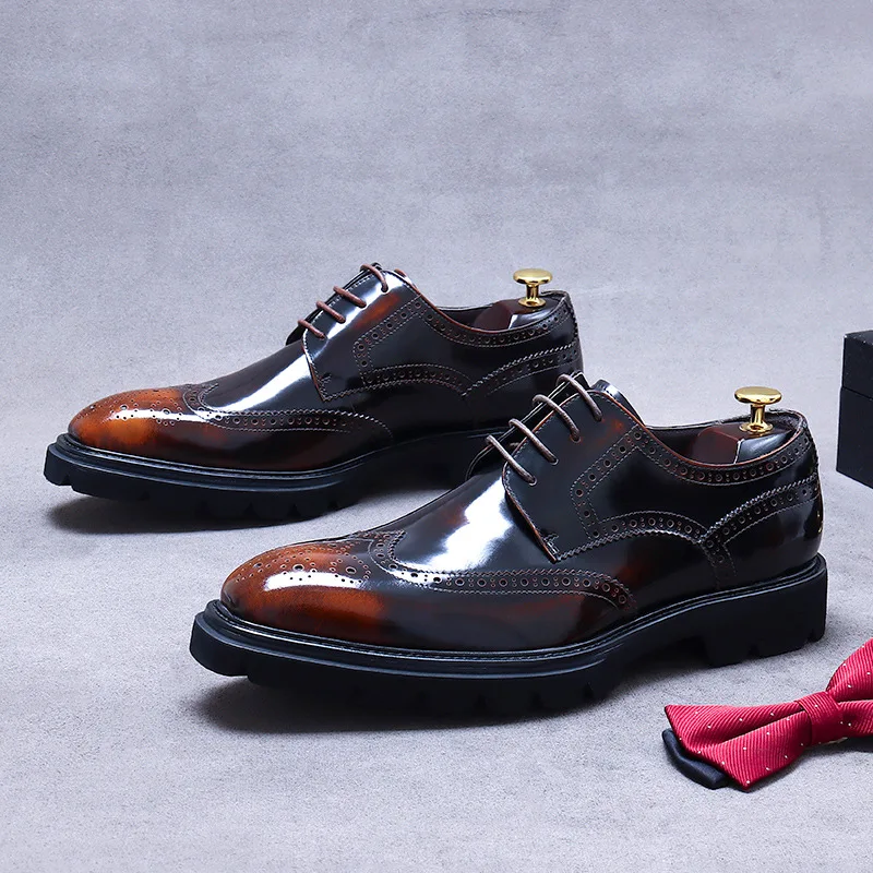 British Business Leather Shoes Formal Cowhide Thick-Soled Handmade Derby Shoes Stylish Men's Glossy Fine Craftsmanship Men Shoes 4