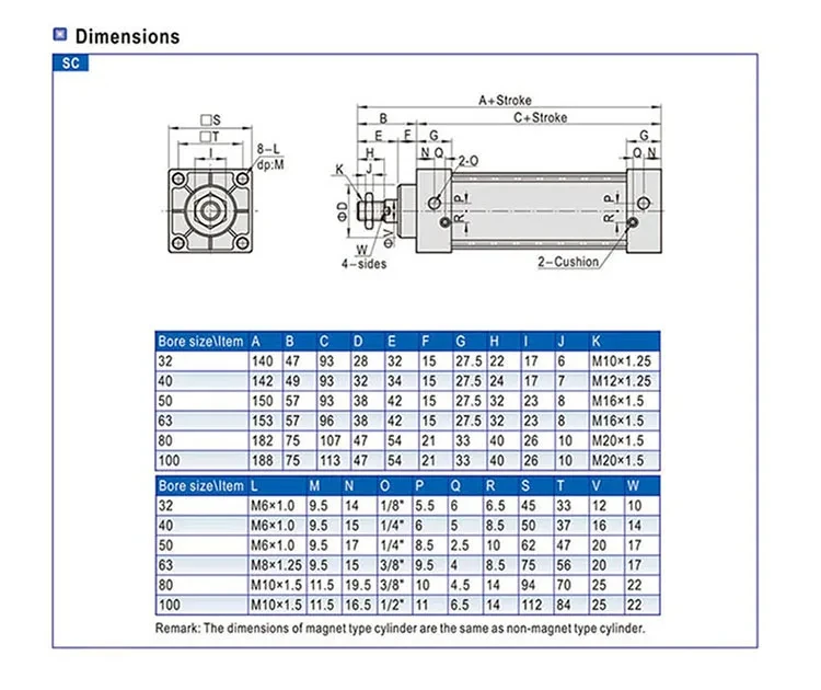 SC Series Pneumatic Cylinder Aluminum Double Acting Tie Rod Type Bore 32‑63mm St