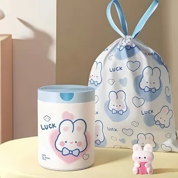 1 roll 100pcs  blue rabbit garbage bag Portable Printed Thickened Garbage Bags, Stylish Blue Heart & Rabbit Drawstring Trash Bags for Home and Kitchen 1