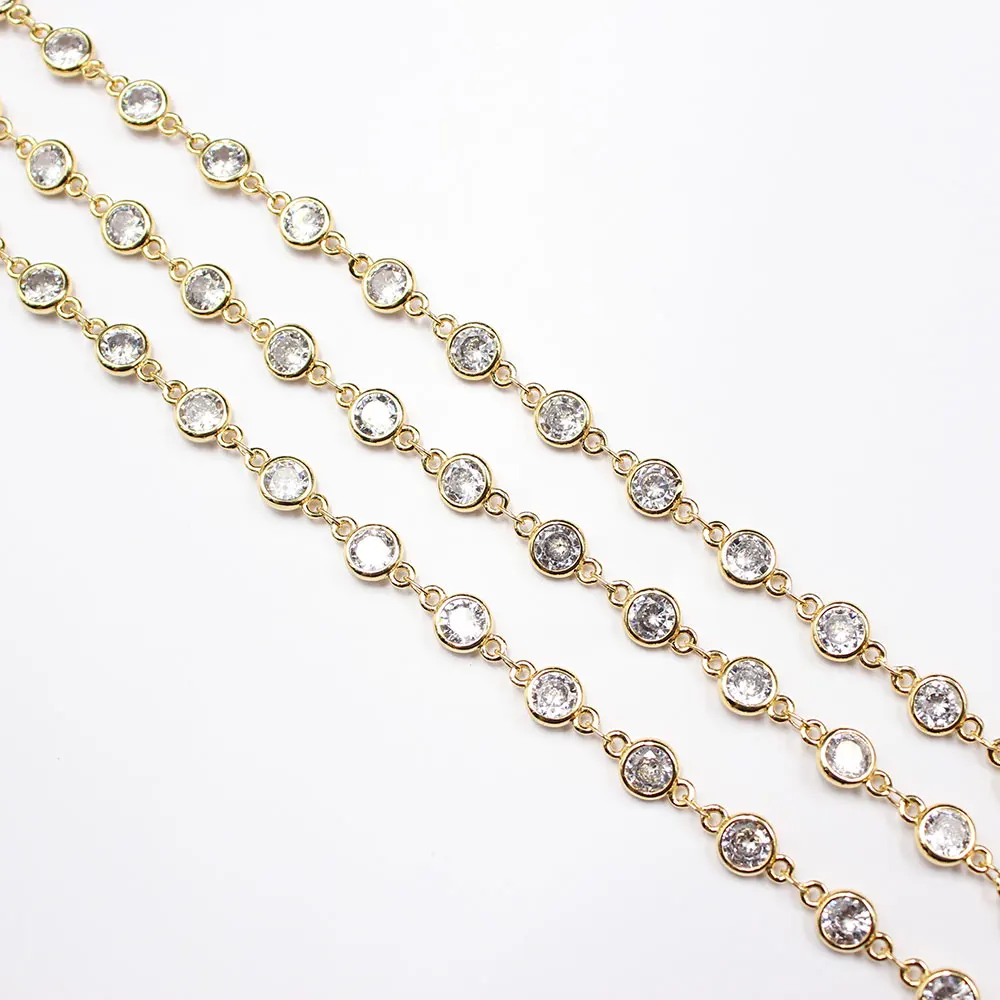 1 Meter Bezel Set 6mm Clear CZ Yellow Gold Plated Copper Fashion Chain Paperclip Neck Chain Pearl Jewelry Making DIY