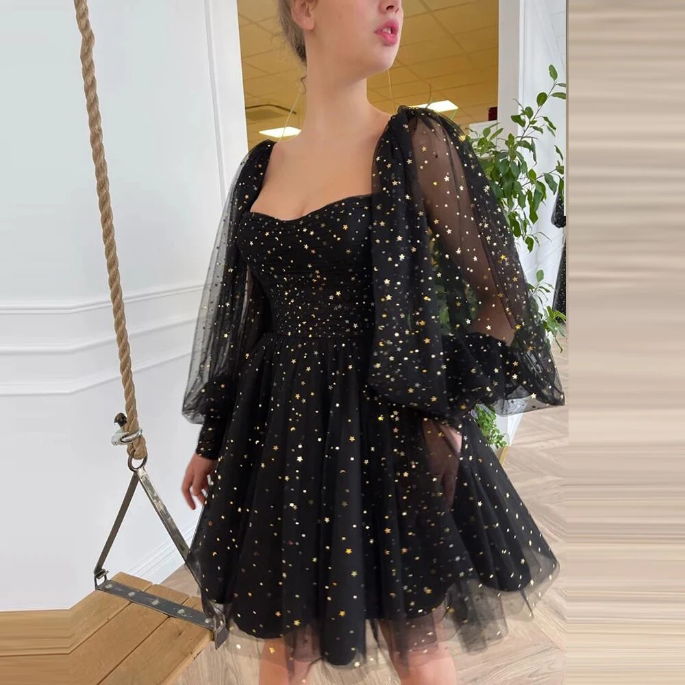 

Sevintage Puff Long Sleeves Mini Prom Dresses Black Starry Tulle Pleated Short Homecoming Dress A-Line Night Club Party Dresses