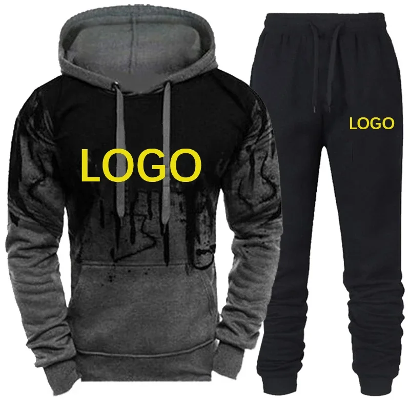 Men's Diy LOGO Tracksuit Casual Hooded Sweatshirt and Pants with Design Youself Sport Suit Causal Spring Autumn Male Set