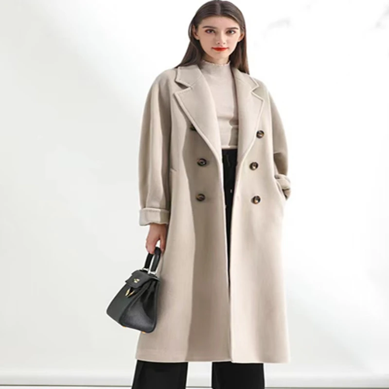 2023 Winter New Women High-End Temperament Double-breasted Woolen Coat Female Fashion Lapel Solid Color Long Casual Outwear