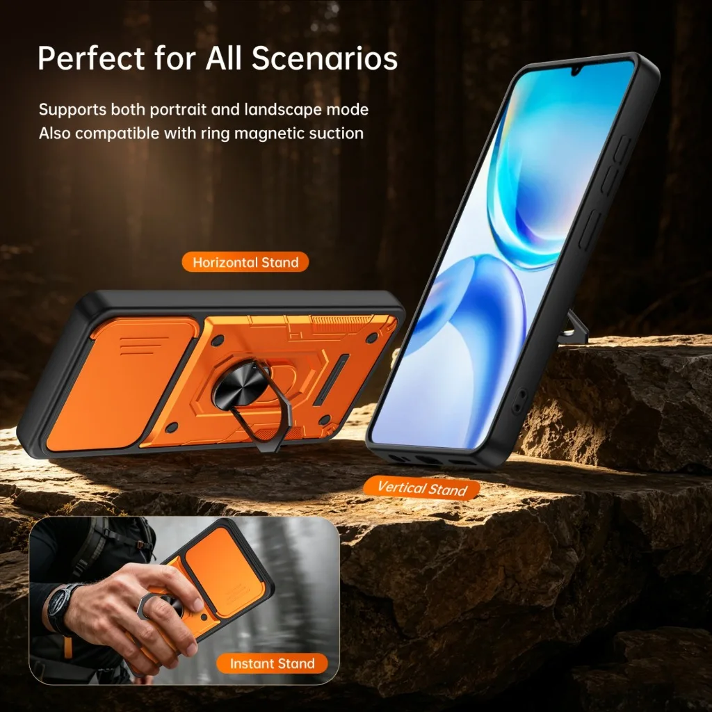 Shockproof Armor Phone Case with Slide Camera Protection and 360° Rotating Ring Holder Kickstand