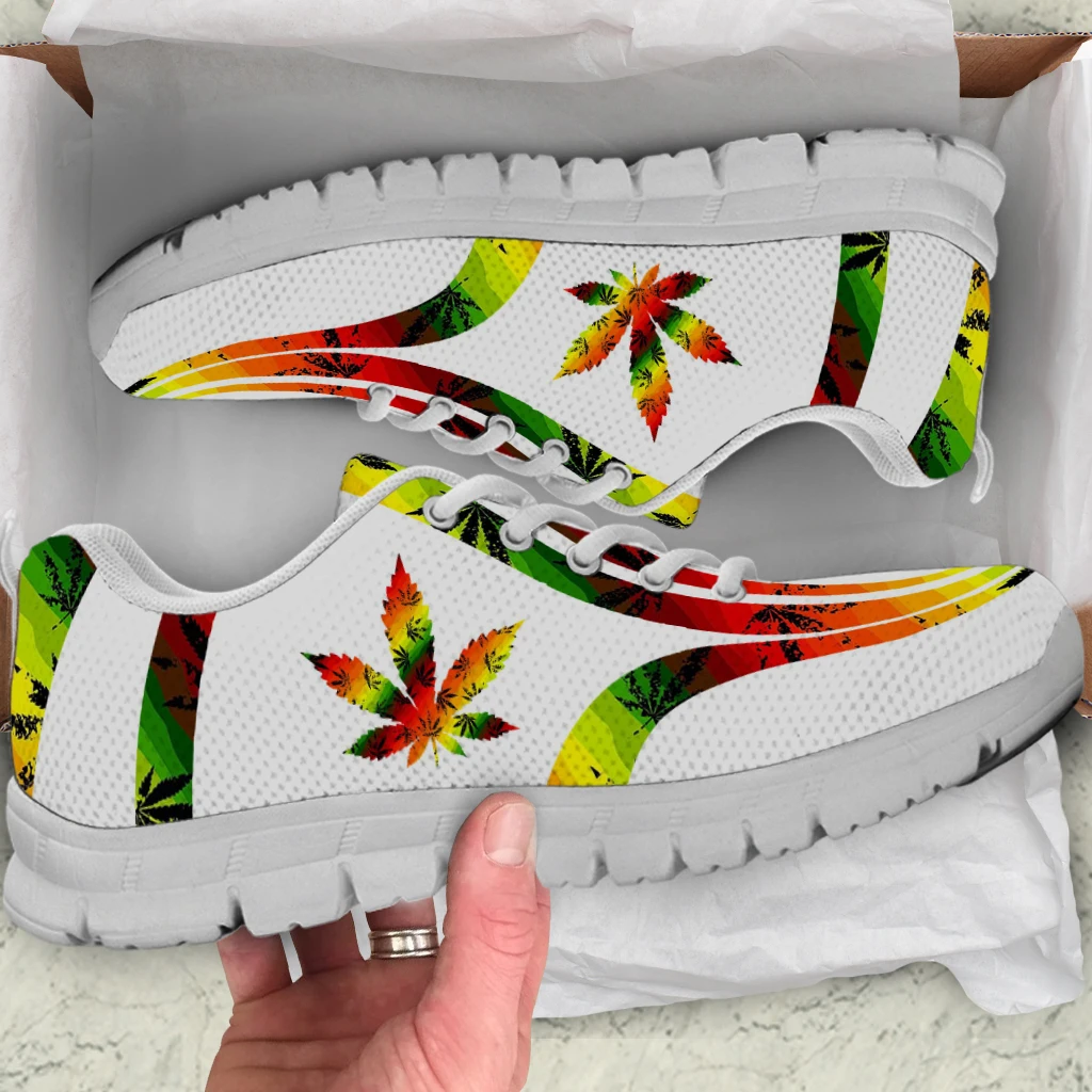 INSTANTARTS 2022 Hot Style Lace-up Mesh Sneakers Shoes for Women Fashion Weed Leaves Printed Ladies Flat Shoes Light Footwear