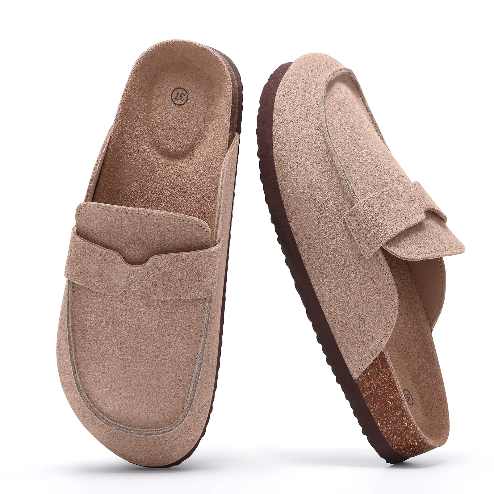 Women's Leather Mules Suede Clogs With Adjustable Strap Cork Sole_voghion.com